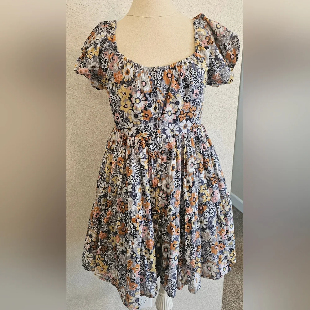 NWT AMERICAN EAGLE Puff Sleeve Tie Back Ruched Cotton Floral Short Dress Medium - Picture 3 of 15